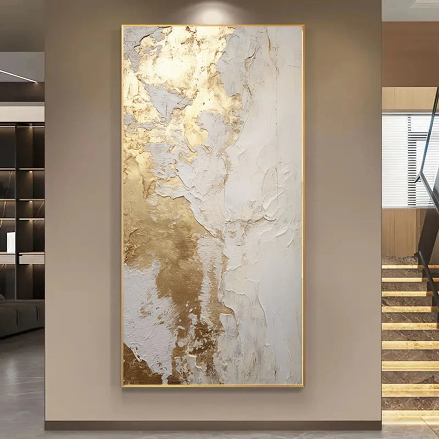 Frameless Modern Wall Art - White & Golden Marble Texture Canvas Poster for Living Room, Bedroom, or Office Decor, Contemporary